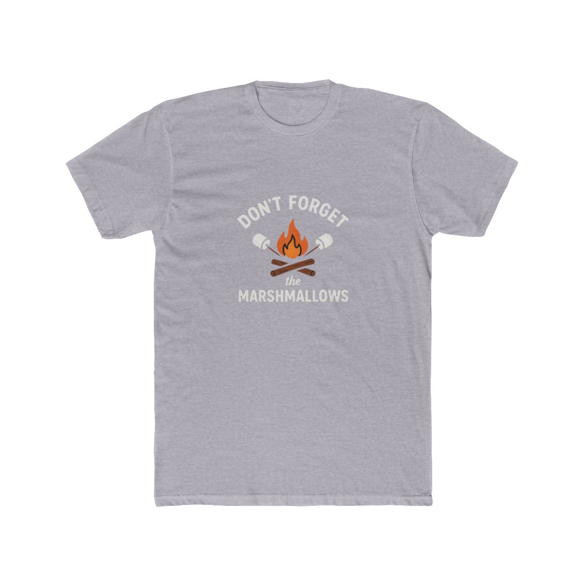Black t-shirt with a white graphic design that says "Don't Forget the Marshmallows". The graphic features a campfire with crossed sticks and marshmallows. - alternate angle 4, merchandise
