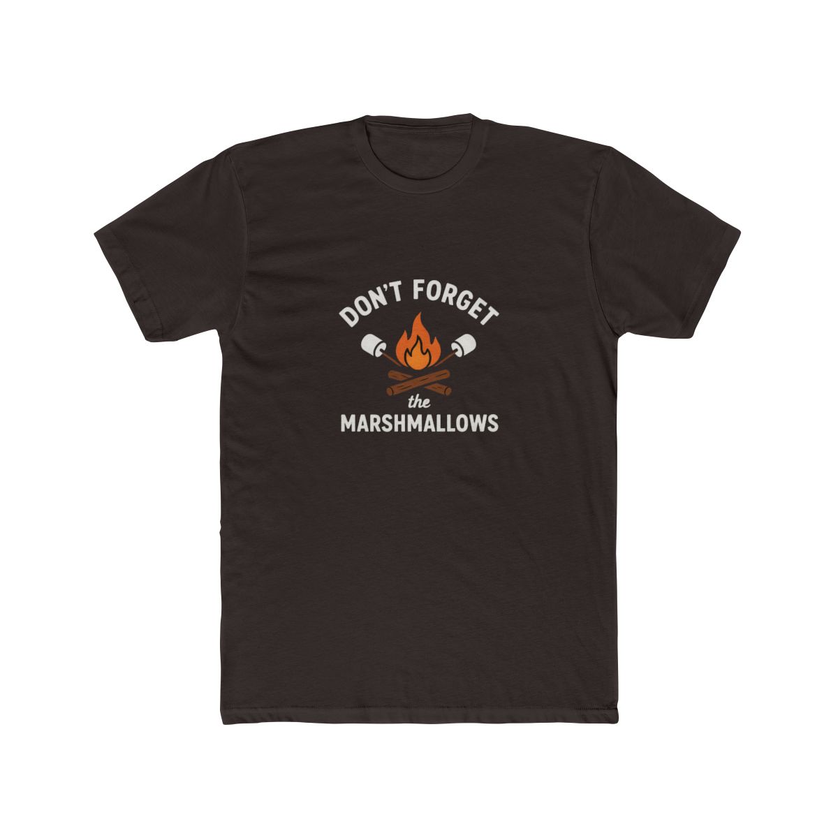 Black t-shirt with a white graphic design that says "Don't Forget the Marshmallows". The graphic features a campfire with crossed sticks and marshmallows. - alternate angle 3, merchandise