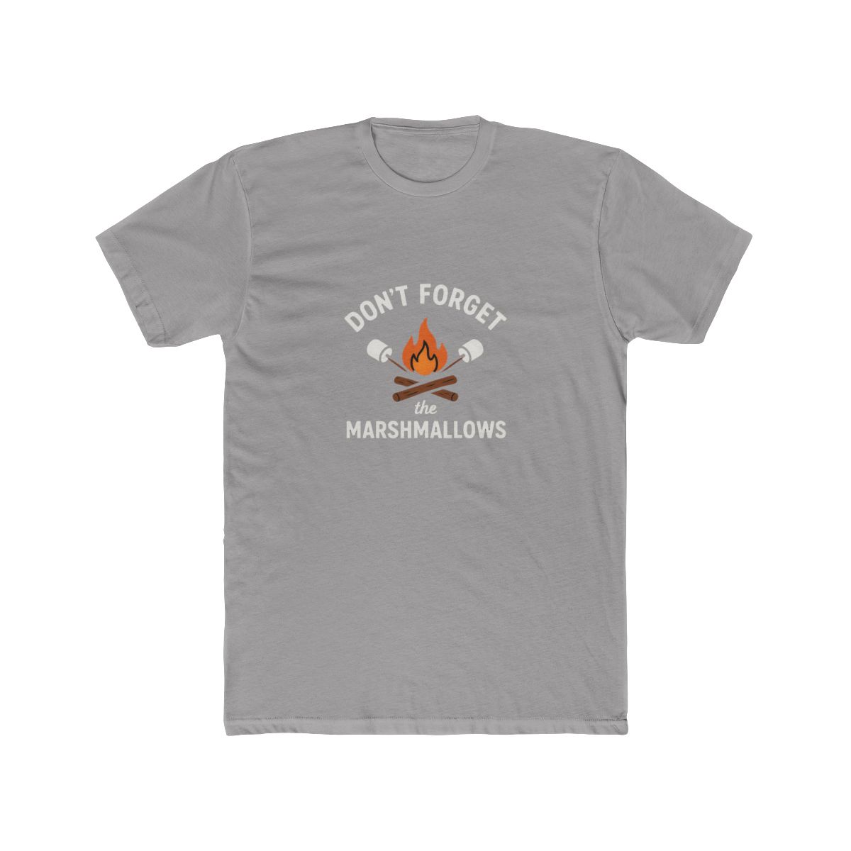 Black t-shirt with a white graphic design that says "Don't Forget the Marshmallows". The graphic features a campfire with crossed sticks and marshmallows. - alternate angle 2, merchandise
