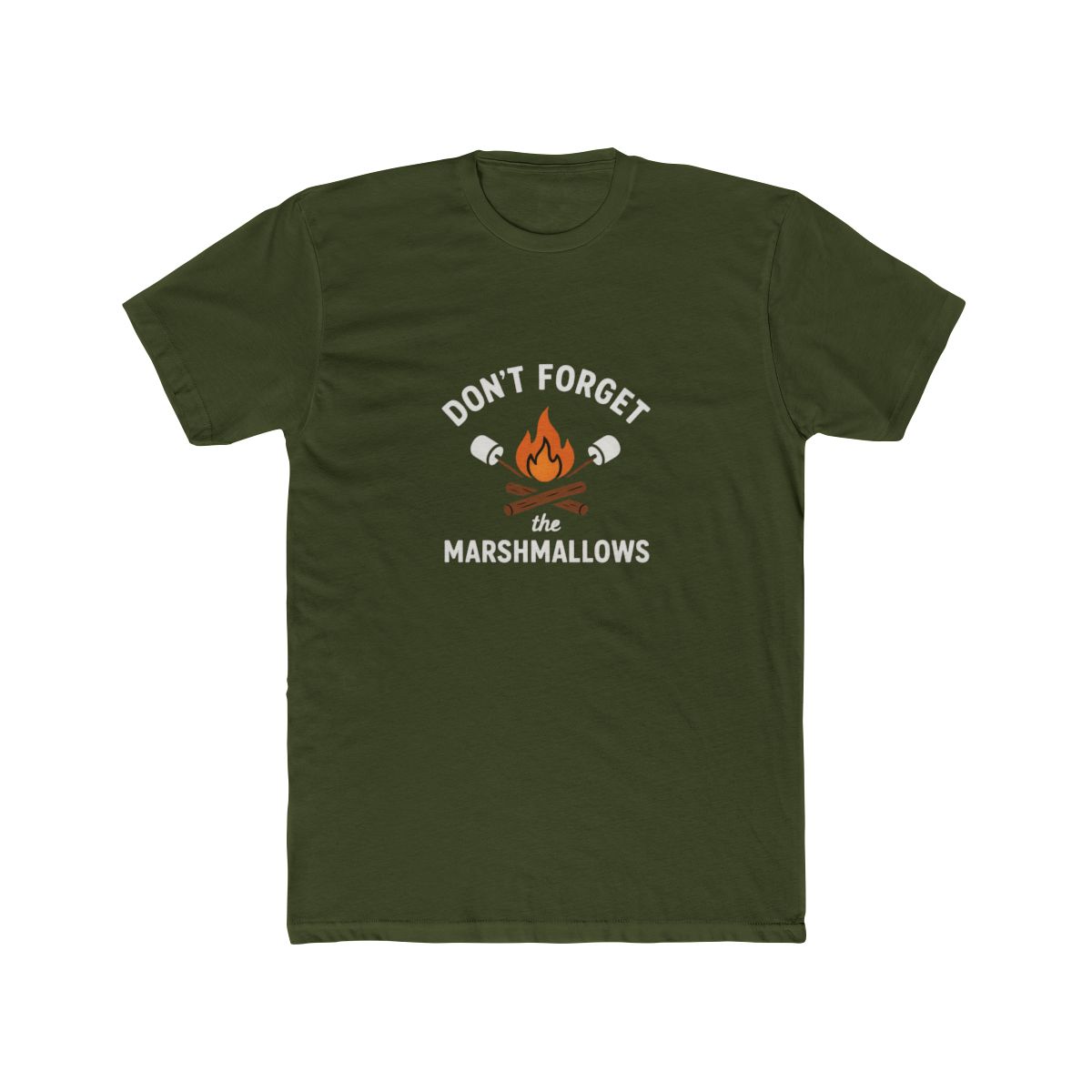 Black t-shirt with a white graphic design that says "Don't Forget the Marshmallows". The graphic features a campfire with crossed sticks and marshmallows. - alternate angle 5, merchandise
