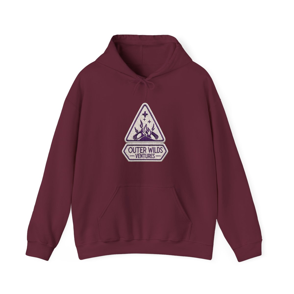 A person wearing a purple hoodie with a white logo that says "Outer Wilds Ventures". The logo is a triangle with a star and a campfire inside. The person is holding a black and white video game... - alternate angle 3, merchandise