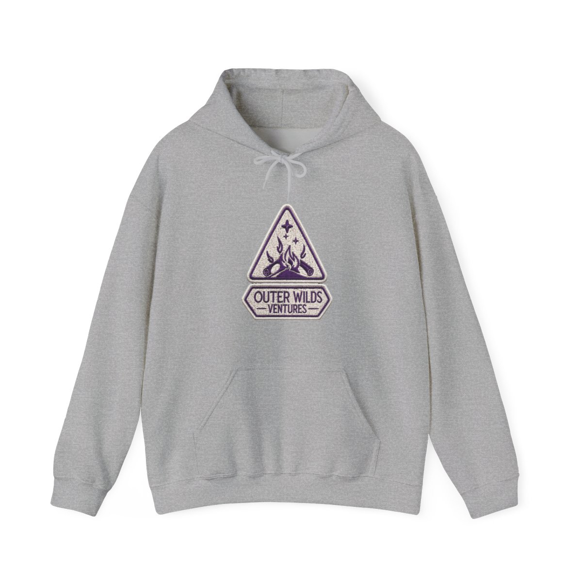 A person wearing a purple hoodie with a white logo that says "Outer Wilds Ventures". The logo is a triangle with a star and a campfire inside. The person is holding a black and white video game... - alternate angle 2, merchandise