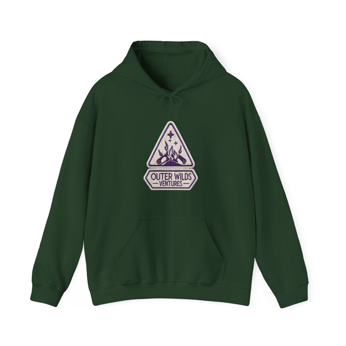 A person wearing a purple hoodie with a white logo that says "Outer Wilds Ventures". The logo is a triangle with a star and a campfire inside. The person is holding a black and white video game... - alternate angle 5, merchandise