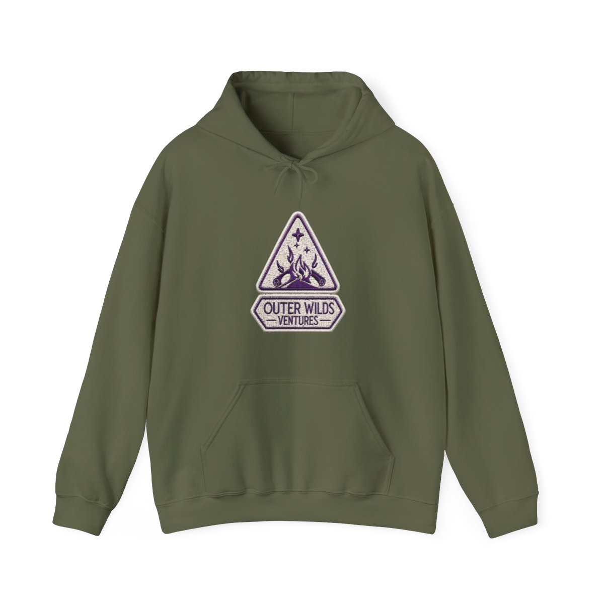 A person wearing a purple hoodie with a white logo that says "Outer Wilds Ventures". The logo is a triangle with a star and a campfire inside. The person is holding a black and white video game... - alternate angle 4, merchandise